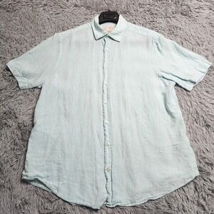 HAWES & CURTIS Linen Shirt Mens XL Short Sleeve Button Down Teal Light Blue